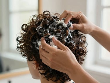 Hands mid-application of curl cream on textured natural hair, close environmental shot, soft daylight from a window, authentic curl pattern visible, no filters