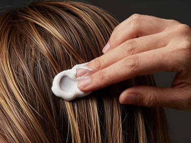 Extreme close-up of fingertips smoothing a rich cream through a section of coily textured hair, warm studio fill light, product visible as a white-gold sheen on the strands, dark background