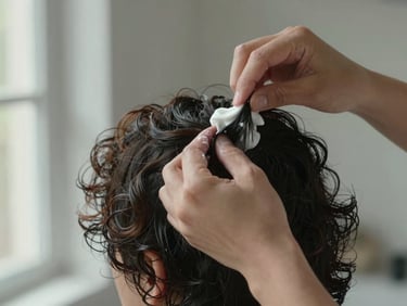 Hands mid-application, scrunching curl-defining cream into naturally coiled dark hair, soft diffused daylight from a window on the left, textured detail visible, no text