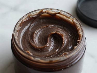 Close-up of a deep conditioning hair mask in a wide dark jar, rich cream texture visible, natural daylight on marble surface, no text