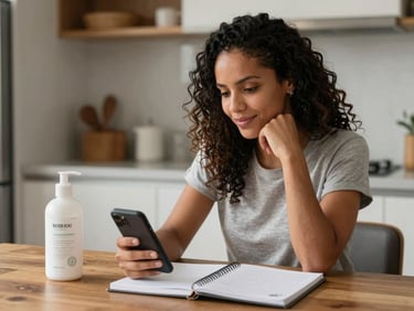 Brazilian woman at a kitchen table, phone in hand, product bottle beside a notebook, relaxed mid-morning light, no posed smile — candid working moment