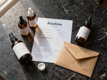 Flat-lay of an onboarding kit on a dark marble surface — product bottles, a printed routine guide, a small sample set, and a kraft envelope, soft north-facing daylight from top-left, warm gold accents on product labels