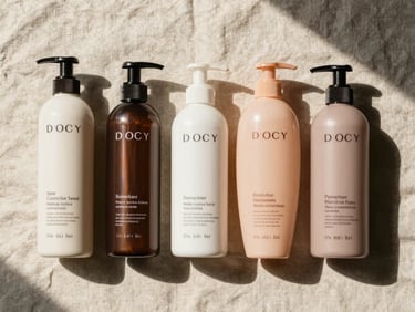 Flat-lay of four coordinated hair treatment products arranged in sequence on a pale linen surface, warm daylight from above, clean shadows, no text