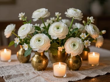 Delicate white ranunculus and jasmine vines arranged in small brass vessels on a textured linen runner, glowing candlelight