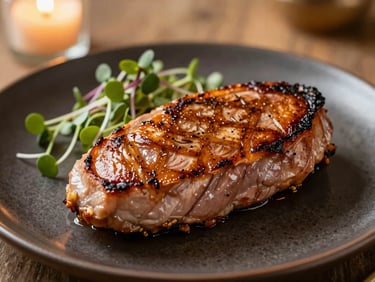 Close-up of a beautifully seared duck breast with microgreens on a dark ceramic plate, soft side lighting, warm tones