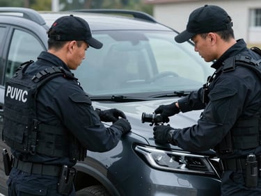 Two operators in tactical civilian dress conducting a vehicle perimeter check on a dark SUV, directional cool daylight, tight framing on hands and equipment detail, no smiles, operational stance, no lifestyle context