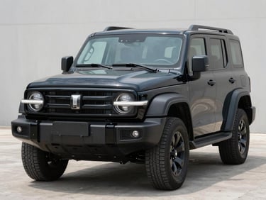 Front three-quarter view of a black armored SUV parked on a clean concrete surface, controlled daylight from the left, emphasis on the reinforced bumper and tinted ballistic glass, no people, no lifestyle context