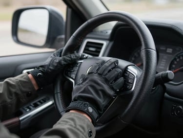 Close-up of a driver's gloved hands on a steering wheel inside an armored SUV cabin, instrument cluster visible, cool interior lighting, precision framing on controls and leather detail, no passengers visible