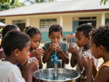 Candid medium shot of children drinking water from a new filtration system, school building in background, natural Caribbean sunlight, rich organic tones, 35mm
