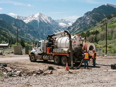 Wide environmental shot of a heavy-duty industrial vacuum truck parked on a gravel utility site in the Colorado mountains, bright mountain daylight, high contrast.