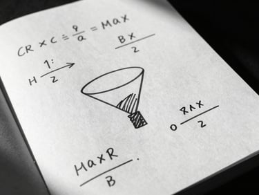 High-contrast black and white close-up of a physical notebook with hand-drawn growth funnels and math equations, hard directional side-lighting, deep shadows.