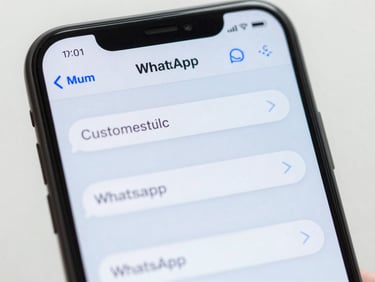 Close-up of a smartphone screen showing a fluid WhatsApp chat interface with automated customer service answers, bright daylight, clean slate tones