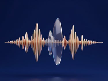 Abstract 3D render of floating metallic soundwaves and curved glass ribbons, deep navy background, soft studio lighting, champagne gold accents