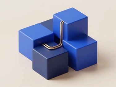 Abstract 3D render of interlocking geometric blocks and gold wiring, minimalist composition, royal blue and cream tones, soft shadows