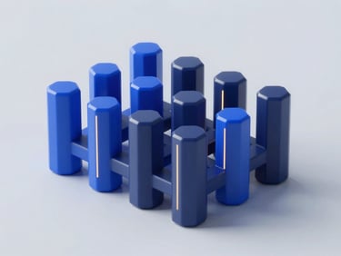 Abstract 3D render of structured crystal lattice and glowing data streams, royal blue and deep navy tones, soft champagne highlights, minimalist studio lighting