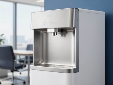 A close-up of a sleek, minimalist stainless steel water dispenser in a high-end corporate lounge, crisp natural light