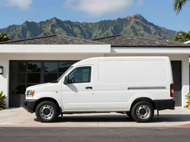 A pristine white delivery vehicle parked outside a luxurious modern estate on Oahu, volcanic mountains in the background, sharp focus