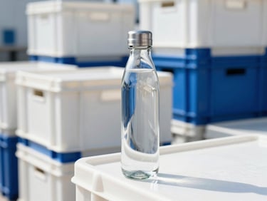 A pristine glass water bottle reflecting bright daylight next to shipping crates at a modern clean-room logistics terminal, sharp focus