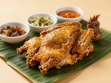Crispy golden Indonesian fried duck served on a banana leaf with traditional side dishes, warm golden lighting