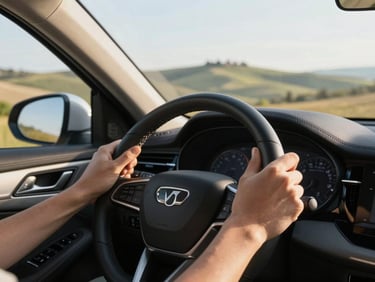 Close-up of hands on a leather steering wheel of a modern car driving through the hills of Tuscany, soft golden hour sunlight, editorial style.