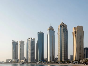 Wide panoramic view of West Bay Doha modern skyscrapers during a bright cool morning, clean architectural lines, negative space on the left