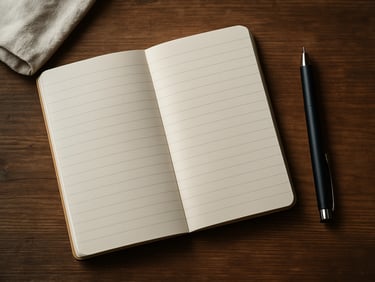 Close-up overhead view of a small notebook open on a wooden table, a pen resting beside it, soft window light from the left, a folded cloth visible at the edge