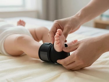 Close-up of a parent's hands gently adjusting a small brace on an infant's foot on a cream-colored changing mat, diffused natural light from a nearby window