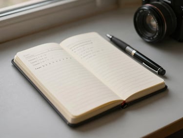 Overhead close-up of a small notebook with a treatment log open, a pen resting beside it, soft natural window light, warm gray surface, calm and orderly