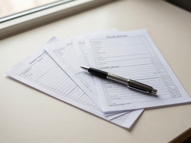 Overhead close-up of several printed tracking sheets fanned out on a warm cream-colored surface, a single pen resting across them, soft diffused window light from above-left