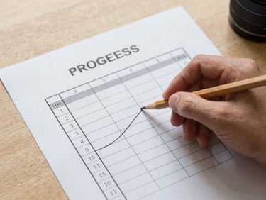 Overhead detail shot of a simple printed progress chart on a light wooden surface, a hand holding a pencil mid-mark, warm diffused daylight