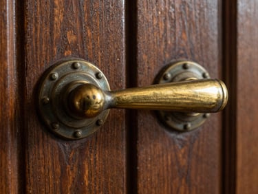 Extreme close-up of an antique brass door handle on a heavy wooden door, dramatic chiaroscuro lighting, sharp focus, rich textures.