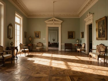 Cinematic wide shot of an empty grand salon in a historic Rio mansion, antique furniture, late afternoon golden hour light casting long shadows, museum-like gravity.