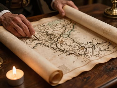 Close-up of a historian's hands unrolling an old parchment map of imperial Rio on a dark wooden table, lit by a single candle, deep focus, antique gold tones.
