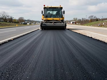 Ground-level documentary shot of freshly laid asphalt paving on a wide German road project at overcast daylight — heavy paving machine visible mid-frame from behind, smooth dark surface extending to horizon, site markings visible, no posed workers, honest scale