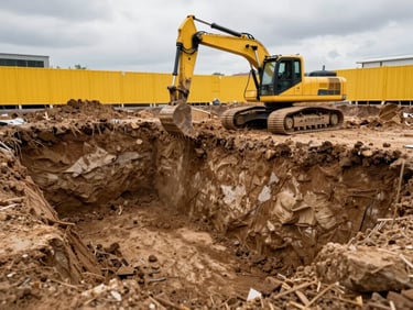 Wide shot of an open excavation trench in progress — a tracked excavator working at depth, exposed soil layers visible on the cut face, yellow safety barriers in the background, overcast German daylight