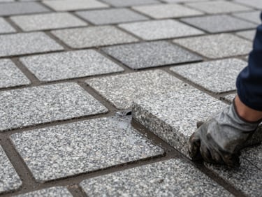 Close-up of a freshly laid stone paving system on a German city street — wet mortar visible between precisely set granite setts, a worker's gloved hand aligning a block in the foreground, overcast daylight