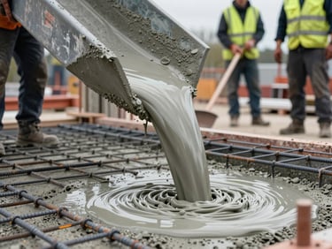 Close-up of fresh concrete being poured into a formwork on a German construction site — liquid concrete flowing from a chute, rebar grid visible beneath the surface, workers in high-vis vests guiding the pour, overcast daylight