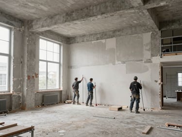 Interior of an older German office building mid-renovation — stripped walls exposing raw concrete structure, scaffolding inside the space, workers applying new render to one wall, cool diffuse daylight from tall windows