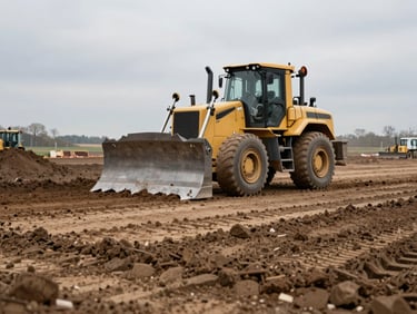 Ground-level view of a large earthmoving operation — a bulldozer grading a wide expanse of brown earth on a German construction site, deep tire tracks in the foreground, grey horizon beyond, natural overcast light