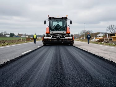 Elevated view along a freshly paved asphalt road surface in Germany — a road paver machine laying a new layer in the center, smooth black asphalt receding into the distance, construction workers guiding the process, flat overcast sky
