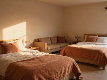 Spacious family room with two separate beds, warm lighting, terracotta and beige textiles, cozy seating corner