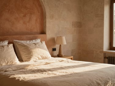 Warmly lit boutique room interior with terracotta accents, soft stone walls, beige linen sheets, cozy morning light, 35mm
