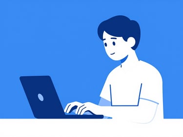 A clean flat vector illustration of a student studying with a laptop, bright digital blue and white accents, minimalist geometric shapes, high-contrast crisp digital art style