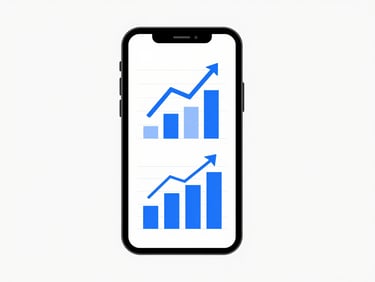 A clean flat vector illustration of a smartphone displaying colorful study graphs, bright digital blue and white accents, minimalist geometric shapes, high-contrast crisp digital art style