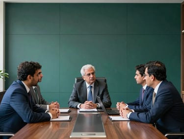A professional boardroom consultation in Islamabad, clean daylight, structured corporate setting, 35mm