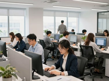 Busy open-plan office, diverse professionals working at desks, a sense of productive activity. High-key office lighting, candid shot.
