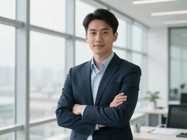 Professional portrait of a confident executive in a modern, high-rise office setting. Bright, natural daylight.