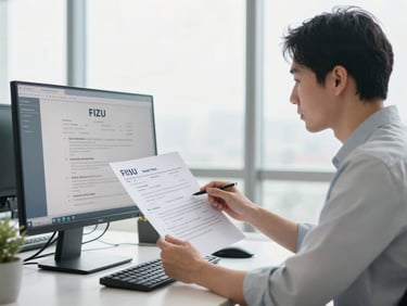 Professional in a modern office reviewing resumes, focused on a monitor. Bright, natural daylight, medium-close candid shot.
