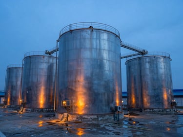 Wide-angle industrial architectural photography of massive steel storage tanks at twilight, cool metallic blue tones with warm orange safety lights reflecting on wet concrete, sharp focus