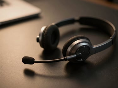 Close-up of a professional high-end communication headset resting on a clean dark desk, soft gold ambient lighting, shallow depth of field, 35mm